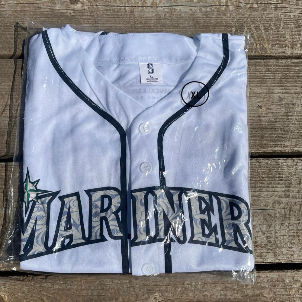 Seattle Mariners white polyester jersey with blue trim and